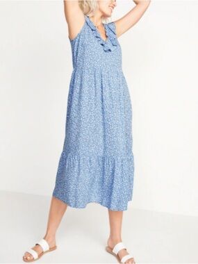 Old Navy Blue White Floral Sleeveless V-Neck Midi Dress 2X XXL Ruffle Cottage